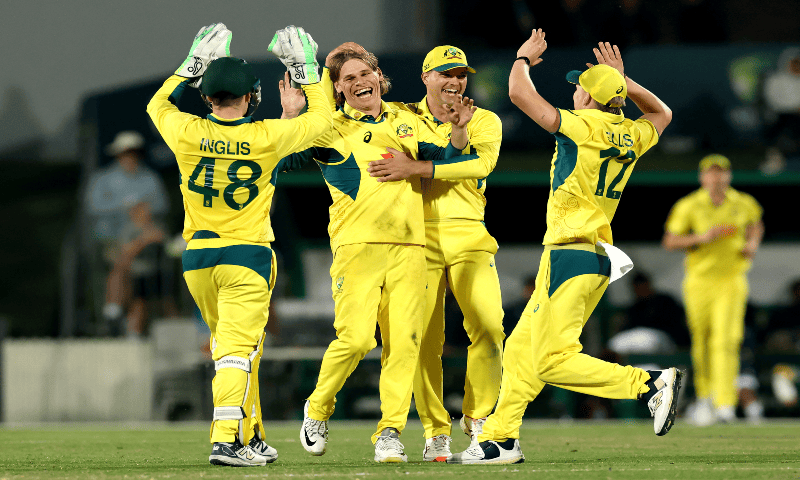 Australia&rsquo;s Cooper Connolly (2nd L) celebrates after taking the wicket of South Africa&rsquo;s Keshav Maharaj during the third one-day international cricket match between Australia and South Africa at the Great Barrier Reef Arena in Mackay on August 24, 2025. &mdash; AFP