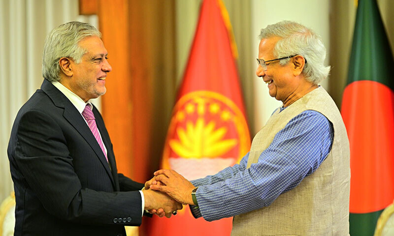 Deputy Prime Minister and Foreign Minister Ishaq Dar meets Bangladesh’s Chief Adviser Muhammad Yunus in Dhaka on August 24. — Photo via X/@ForeignOfficePk