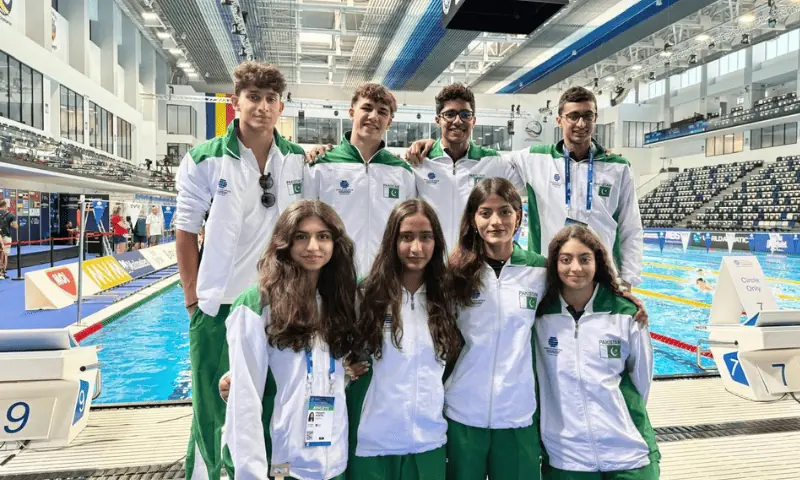 Pakistan at the World Junior Swimming Championships in Otopeni, Romania. From L to R top row: Ali Mitha, Rayan Awan, Azlan Sohail, Mohid Sadiq Lone. From L to R  bottom row: Raaqiah Aqeel, Meher Maqbool, Hareem Malik, Fatima Salman. &mdash; Photo via team manager Hajra Naeem