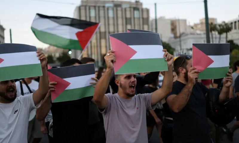  Pro-Palestinian protesters chant slogans during a demonstration in support of Palestinians in Gaza, amid the ongoing conflict between Israel and Hamas, at Syntagma Square in Athens, Greece on August 24, 2025. &mdash; Reuters 