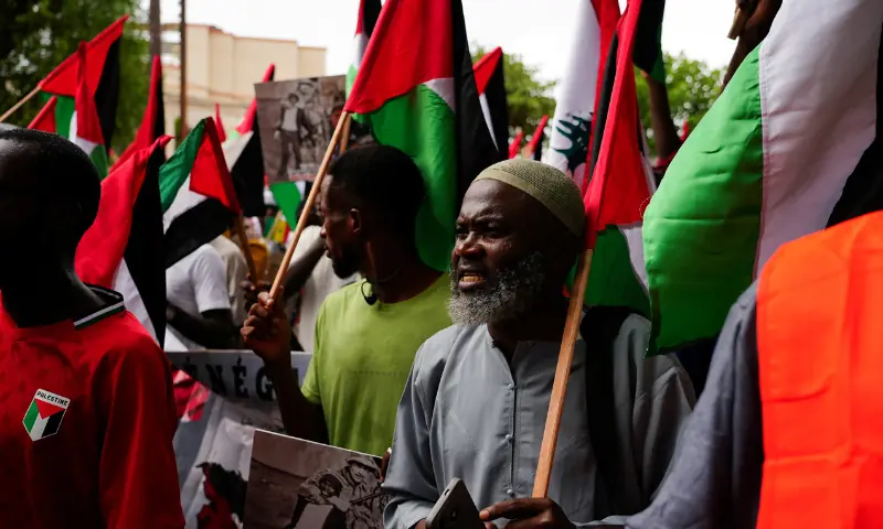  People hold Palestininan flags during a protest in solidarity with Palestinians and Gaza, organised by a civil society group, in Dakar, Senegal on August 24, 2025. &mdash; Reuters 