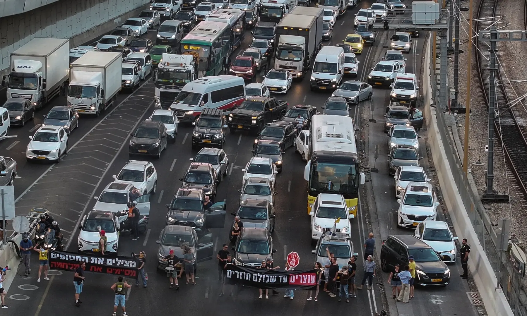 A drone view of protesters blocking the Ayalon highway during a demonstration demanding the immediate end of the offensive and the release of all hostages, in Tel Aviv, Israel on Aug 26, 2025. — Reuters/Aviv Atlas