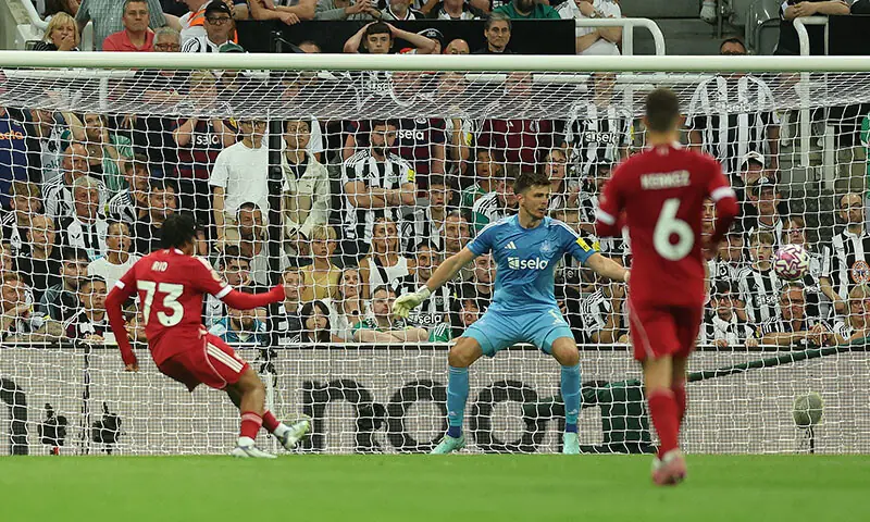 Liverpool&rsquo;s Rio Ngumoha scores their third goal. &mdash; Reuters