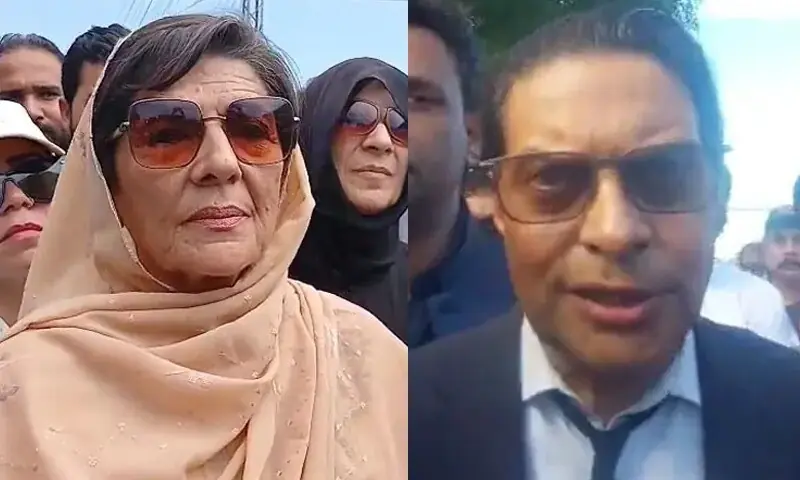 PTI’s Aleema Khan and Salman Akram Raja talk to the media outside Adiala Jail on Tuesday. — DawnNewsTV PTI’s Aleema Khan and Salman Akram Raja talk to the media outside Adiala Jail on Tuesday. — DawnNewsTV