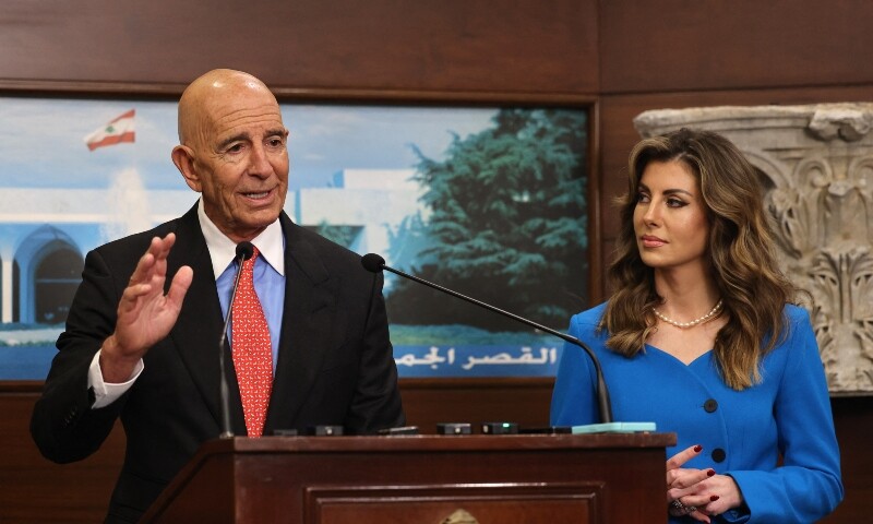 US ambassador to Turkey and special envoy for Syria Tom Barrack (L) delivers a statement, as he is accompanied by US deputy Middle East envoy Morgan Ortagus on August 26. &mdash; AFP