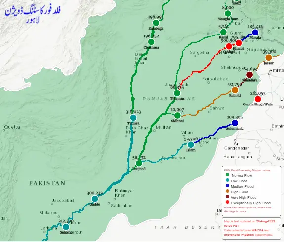  This screengrab shows flood levels at various locations in Pakistan&rsquo;s rivers at 9am on Aug 28, 2025. &mdash; Flood Forecasting Division website 