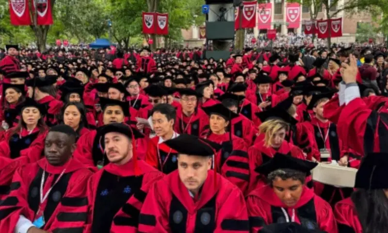 Graduates gather as they attend commencement ceremony at Harvard University in Cambridge, Massachusetts, on May 29, 2025. Used for representation only.&mdash; AFP/ Rick Friedman