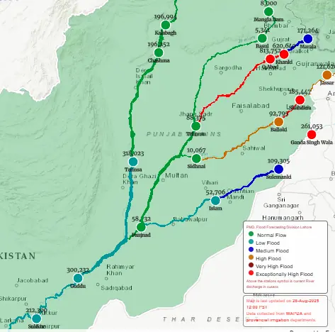  This screengrab shows flood levels at various locations in Pakistan&rsquo;s rivers at 12pm on Aug 28, 2025. &mdash; Flood Forecasting Division website 