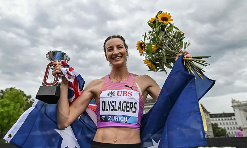 Australia&rsquo;s Nicola Olyslagers celebrates after winning  the women&rsquo;s high jump final of the World Athletics Diamond League athletics meeting &ldquo;Weltklasse&rdquo; at the Letzigrund stadium in Zurich, on August 27, 2025. &mdash; AFP