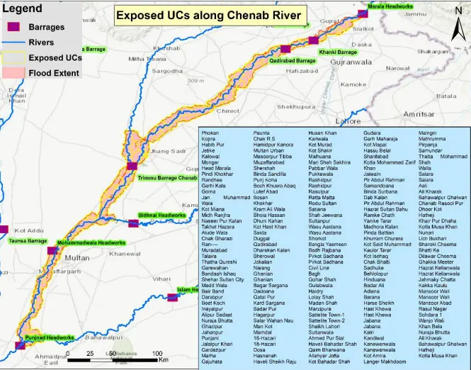 A map showing exposed union councils along the Chenab River. — PDMA