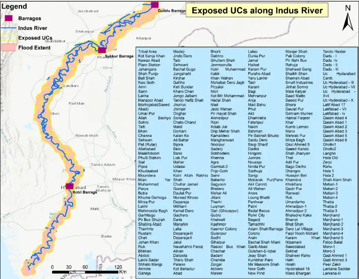 A map showing exposed union councils along the Indus River. &mdash; PDMA