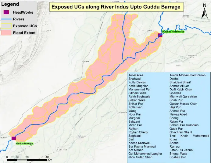 A map showing exposed union councils up to the Guddu Barrage. &mdash; PDMA