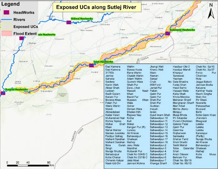 A map showing exposed union councils along the Sutlej River. &mdash; PDMA