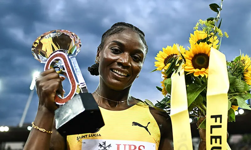Saint Lucia&rsquo;s Julien Alfred celebrates winning the 100m Women event of the Diamond League athletics meeting &ldquo;Weltklasse&rdquo; at the Letzigrund stadium in Zurich, on August 28, 2025. &mdash; AFP