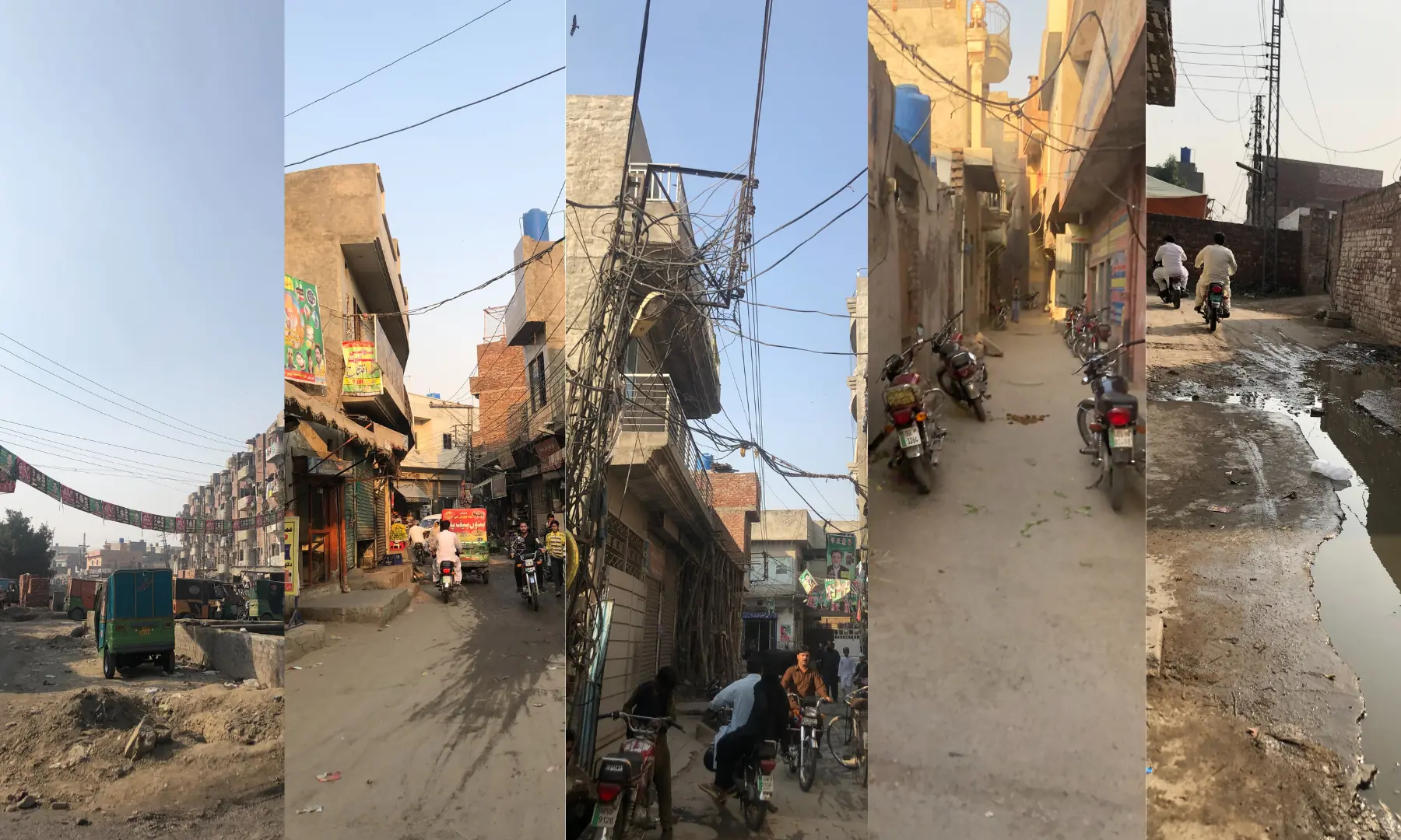 The collage shows streets of (left to right) Bahar Colony, Liaqatabad, Charar Pind, Peer Colony and Gajju Matta.