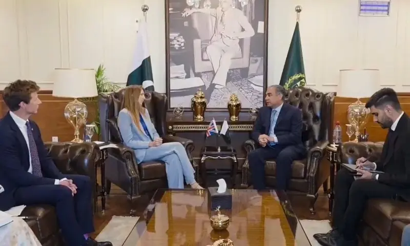 Screengrab showing Interior Minister Mohsin Naqvi meeting with Bri&shy;tish High Commissioner Jane Marriott, Aug 28. &mdash; X/@MOIofficialGoP