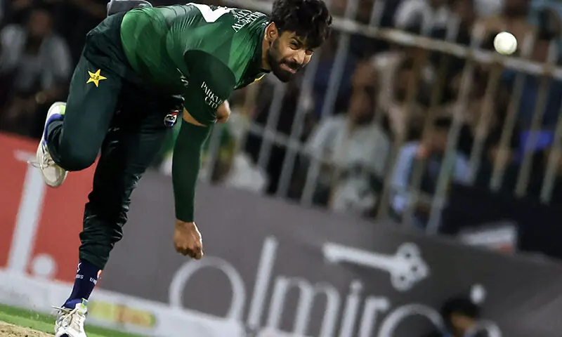 Pakistan&rsquo;s Haris Rauf bowls a delivery during the T20 international cricket match against Afghanistan in Sharjah, UAE on&nbsp;August 29. &mdash; AFP