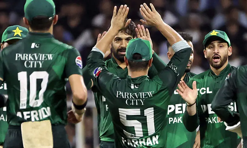 Pakistan&rsquo;s players celebrate after taking the wicket of Afghanistan&rsquo;s Sediqullah Atal during the T20 international cricket match of a tri-series between Afghanistan and&nbsp;Pakistan in Sharjah on&nbsp;August 29, 2025. &mdash; AFP