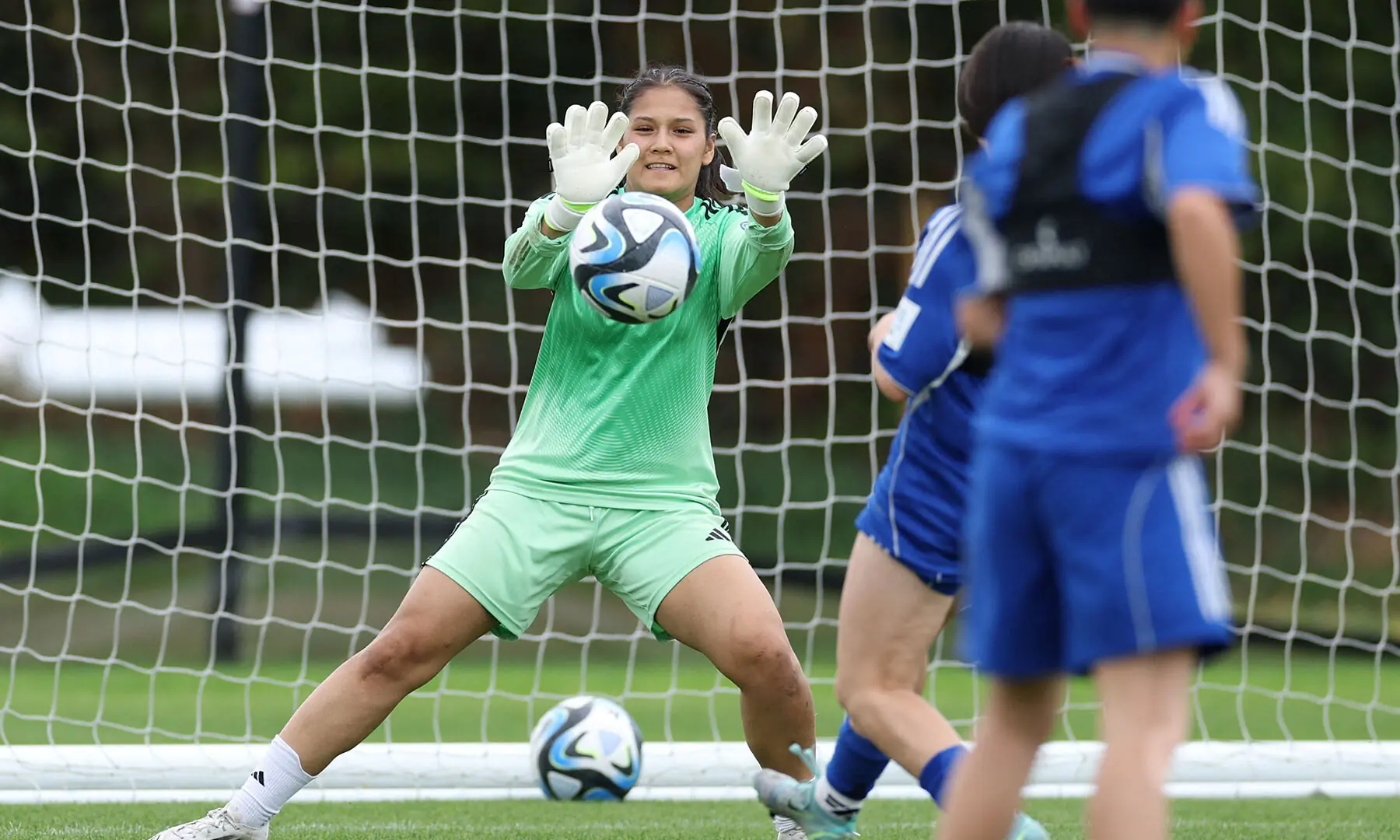 Elaha Safdari of the Afghan Women&rsquo;s Refugee team makes a save during a selection camp at St. George&rsquo;s Park, Burton upon Trent, Britain on August 26, 2025. &mdash; Reuters