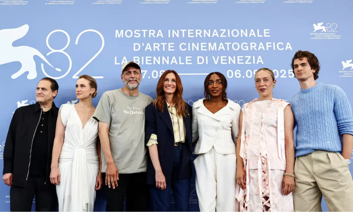  Director Luca Guadagnino, screenwriter Nora Garrett, Julia Roberts and other cast members of <em>After the Hunt</em> at the 82nd Venice International Film Festival 