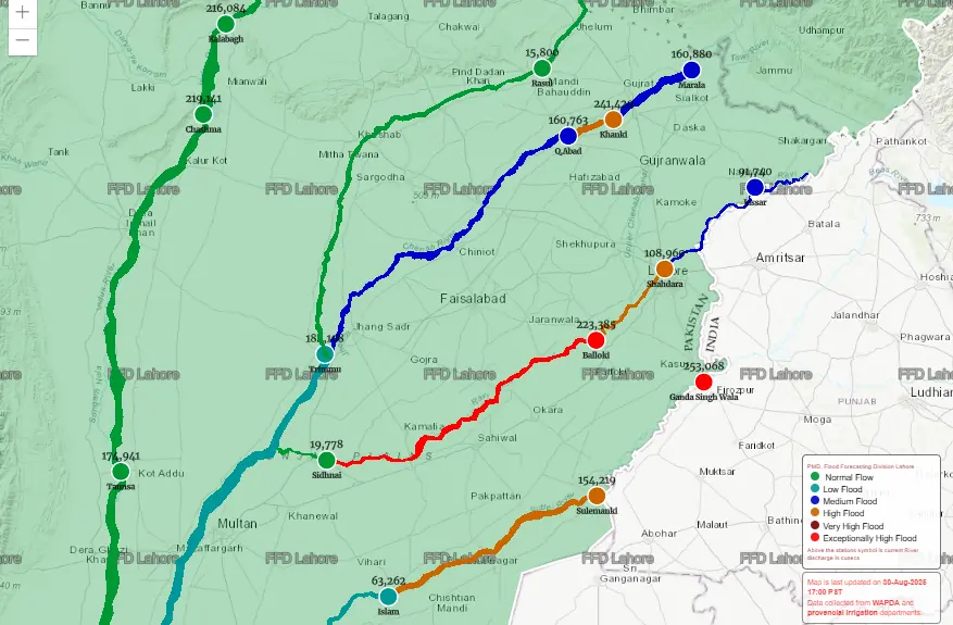 A screengrab of a map showing flood levels at different headworks across Punjab. — Screenshot via Flood Forecasting Division