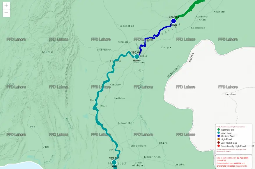 A screengrab of a map showing flood levels at the Guddu Barrage on the Indus River. &mdash; Screenshot via Flood Forecasting Division