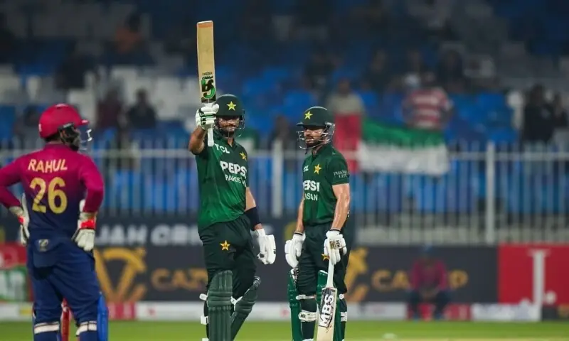 Hasan Nawaz celebrates scoring his half-century during the T20 international cricket match against the United Arab Emirates at Sharjah Cricket Stadium in Sharjah, UAE, August 30. — Instagram/@therealpcb Hasan Nawaz celebrates scoring his half-century during the T20 international cricket match against the United Arab Emirates at Sharjah Cricket Stadium in Sharjah, UAE, August 30. — Instagram/@therealpcb