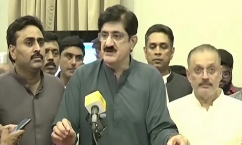 Sindh Chief Minister Murad Ali Shah addresses a press conference in Sukkur on August 31. &mdash; DawnNewsTV