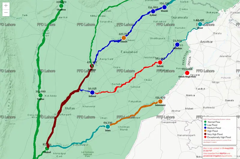 A screenshot of a map showing water levels at different points along rivers as of 9pm on August 31. &mdash; Screengrab via Flood Forecasting Division