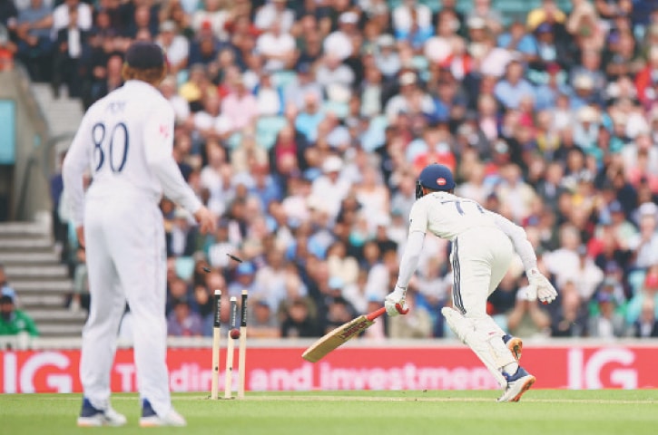 INDIAN captain Shubman Gill is run out by England&rsquo;s Gus Atkinson (not pictured) during the fifth Test at The Oval on Thursday.&mdash;AFP
