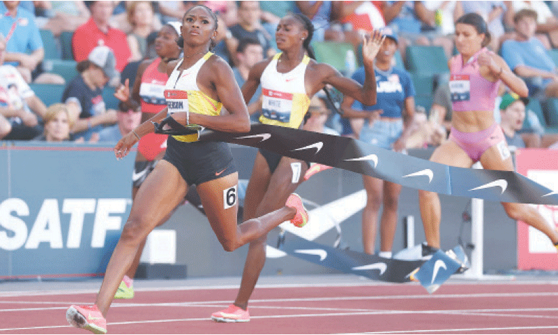 MELISSA Jefferson-Wooden (L) wins the women&rsquo;s 100m final during the USATF Outdoor Championships at the Hayward Field.&mdash;AFP