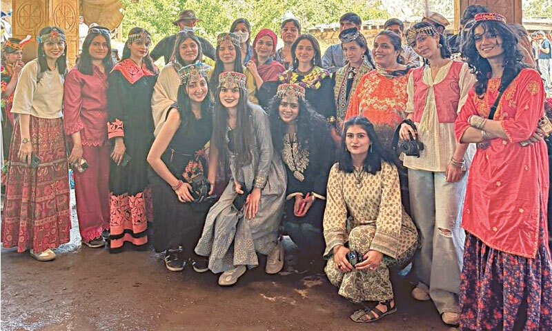 A group of travellers participate in the Chilam Joshi festival in Kalash, Chitral: these changing demographics in Pakistani tourism have empowered women, both those who are travelling and those who are facilitating them, to be a part of Pakistan’s growing tourism industry | Instagram/Teen Musfair