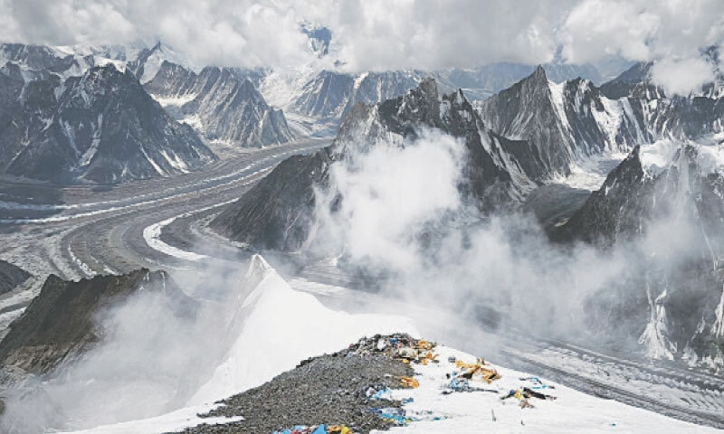 THIS PHOTOGRAPH, taken by Hungarian mountaineer L&aacute;szl&oacute; Csomor, shows the Baltoro Glacier as seen from Camp 3 on Broad Peak. This area would normally be covered with snow, but this year, signs of glacial recession are clearly visible from this vantage point.
