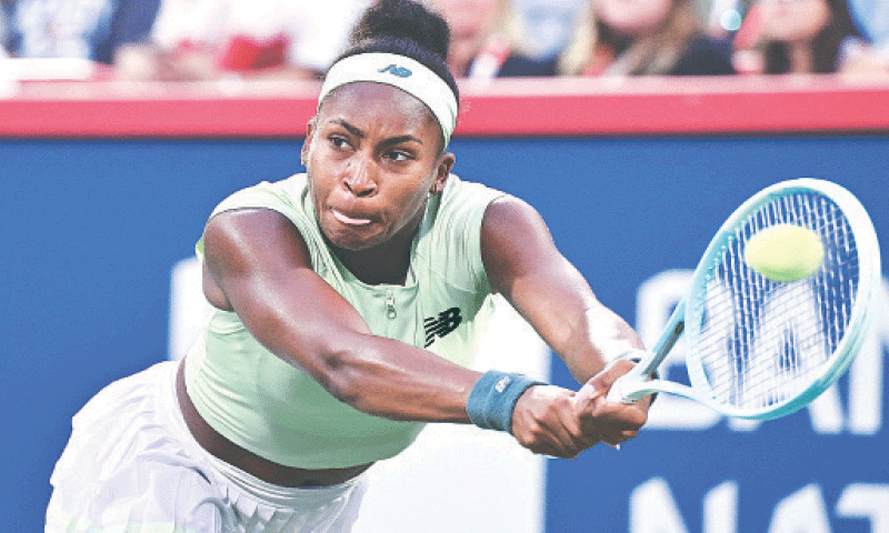MONTREAL: Coco Gauff of the US plays a backhand return against Canada&rsquo;s Victoria Mboko during their Canadian Open match at the IGA Stadium.&mdash;AFP