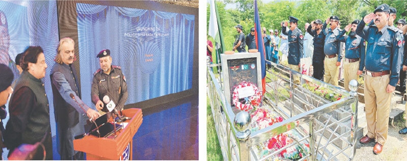 Chief Minister Ali Amin Gandapur inaugurates police Shuhada family App in Peshawar on Monday. A police squad presents salute at the grave of a martyred police constable in Garhi Habibullah. &mdash; White Star/Dawn