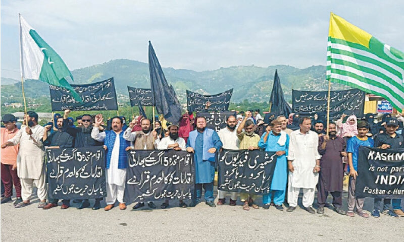 Participants of a rally organised in Muzaffarabad on Youm-i-Istehsal chant slogans and hold banners condemning India&rsquo;s August 5, 2019 actions, demanding international intervention to end human rights violations in occupied Kashmir. &mdash; Photo by Tariq Naqash