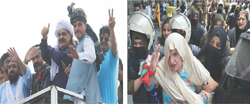(LEFT) Khyber Pakhtunkhwa Chief Minister Ali Amin Gandapur gestures from atop his container during a demonstration in Peshawar; while (right) policewomen lead PTI&rsquo;s Rehana Dar towards a prison van in Lahore.&mdash;White Star
