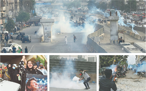 (Clockwise from top) Fumes of tear gas fired by police to disperse a PTI rally fills University Road; a policeman fires a tear gas shell while a youth throws it back; and women activists protest against police action in Karachi.&mdash;Shakil Adil / White Star / AFP