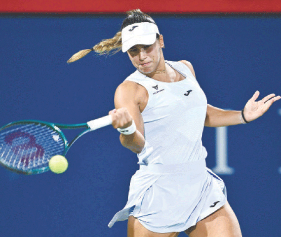 MONTREAL: Spain&rsquo;s Jessica Bouzas Maneiro hits a forehand against Victoria Mboko of Canada during their Montreal Open quarter-final at the IGA Stadium.&mdash;AFP