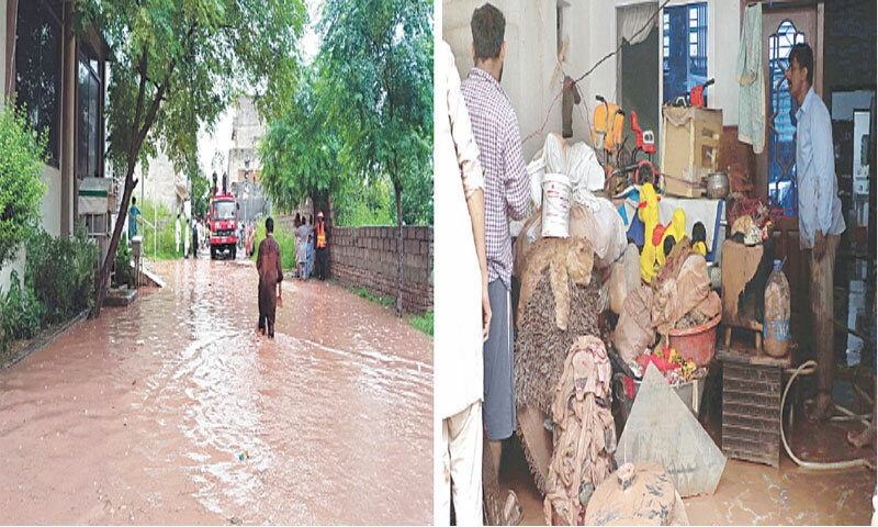 A man walks through a flooded street while a family collects its belongings after torrential rain caused a flood-like situation in Islamabad&rsquo;s Chattha Bakhtawar area on Wednesday. &mdash; Photos by Mohammad Asim