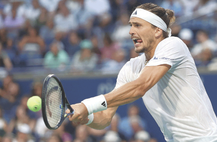TORONTO: Germany&rsquo;s Alexander Zverev hits a return against Karen Khachanov of Russia during their Toronto Masters semi-final at the Sobeys Stadium.&mdash;AFP