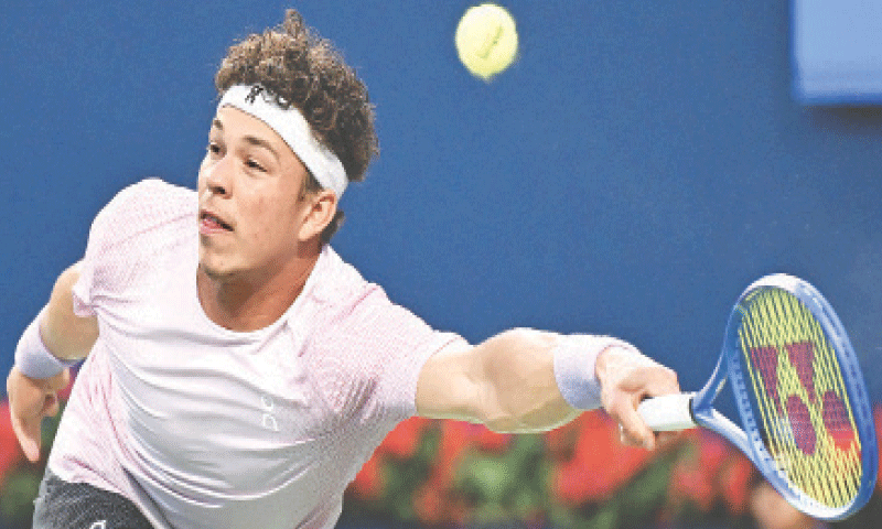 TORONTO: Ben Shelton of the US hits a return to Karen Khachanov of Russia during the Canadian Open final at Sobeys Stadium.&mdash;Reuters
