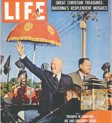 Cover page of the December 21 edition of the American news magazine Life, featuring US President Eisenhower waving to the crowd alongside President Gen Ayub Khan upon his arrival in Karachi in December 1959 | Life