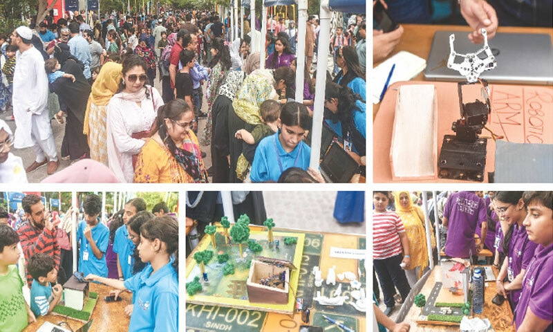 (Clockwise from top left): A large number of people visit different stalls set up by schoolchildren showcasing their innovative gadgets and futuristic projects at the MagnifiScience exhibition. A robotic &lsquo;hand&rsquo;; a road model with easy traffic management; a model of how climate change can be controlled by growing more trees; and, a car battery being used as a mobile charger are some of the main attractions of the science fair.&mdash; Fahim Siddiqi / White Star