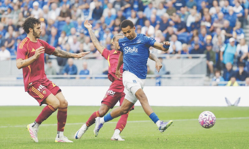LIVERPOOL: Everton&rsquo;s Iliman Ndiaye shoots during the pre-season friendly against AS Roma at the Hill Dickinson Stadium on Saturday. Everton&rsquo;s debut at their new home stadium, after they left Goodison Park at the end of last season, ended in disappointment as Roma claimed a 1-0 win to leave the Premier League side without a victory during their pre-season.&mdash;Reuters