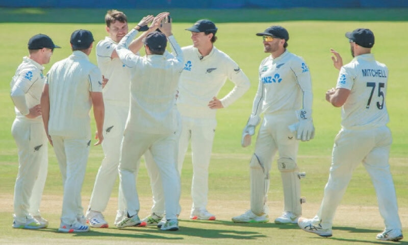 New Zealand pacer Jacob Duffy (third L) celebrates with team-mates after dismissing Zimbabwe&rsquo;s Sean Williams 
during the second Test at the Queens Sports Club on Saturday.
&mdash;courtesy Zimbabwe Cricket
