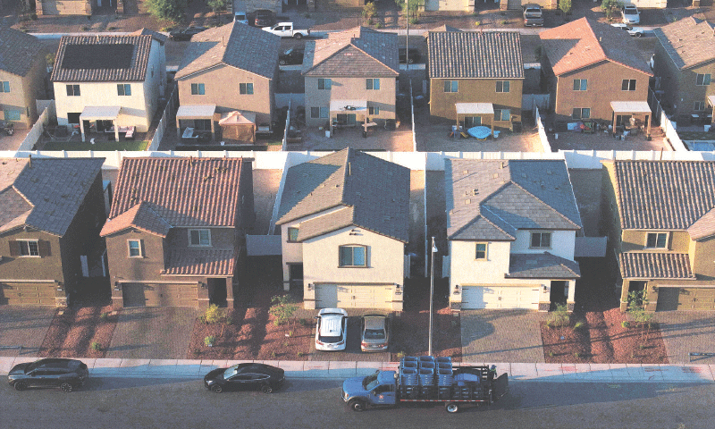 An aerial view of a housing development can be seen in Las Vegas, Nevada. Las Vegas has seen a drastic 7pc decrease in tourism since the start of the year, largely due to rising travel costs and a Canadian boycott of travel to the United States, stemming from political tensions. Unemployment in the city surged to 5.8pc in June, the third-highest among major US metropolitan areas with populations exceeding 1m. Las Vegas real estate is also taking a huge hit with an over 10pc decline in year-over-year sales, and inventory has skyrocketed by 44.8pc.—AFP An aerial view of a housing development can be seen in Las Vegas, Nevada. Las Vegas has seen a drastic 7pc decrease in tourism since the start of the year, largely due to rising travel costs and a Canadian boycott of travel to the United States, stemming from political tensions. Unemployment in the city surged to 5.8pc in June, the third-highest among major US metropolitan areas with populations exceeding 1m. Las Vegas real estate is also taking a huge hit with an over 10pc decline in year-over-year sales, and inventory has skyrocketed by 44.8pc.—AFP