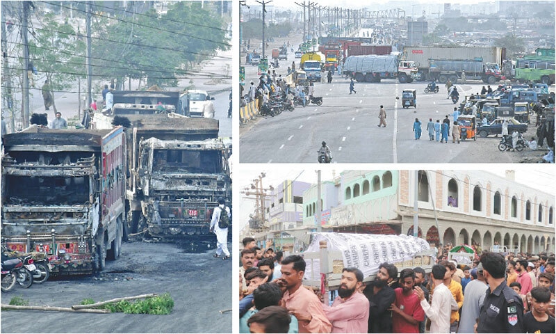 (Clockwise) Burnt-out dumper trucks stand on Rashid Minhas Road after a fatal accident; heavy vehicles are parked by transporters on the Superhighway to block vehicular traffic; and, people carry coffins of the deceased siblings in New Karachi on Sunday.&mdash;Online / PPI