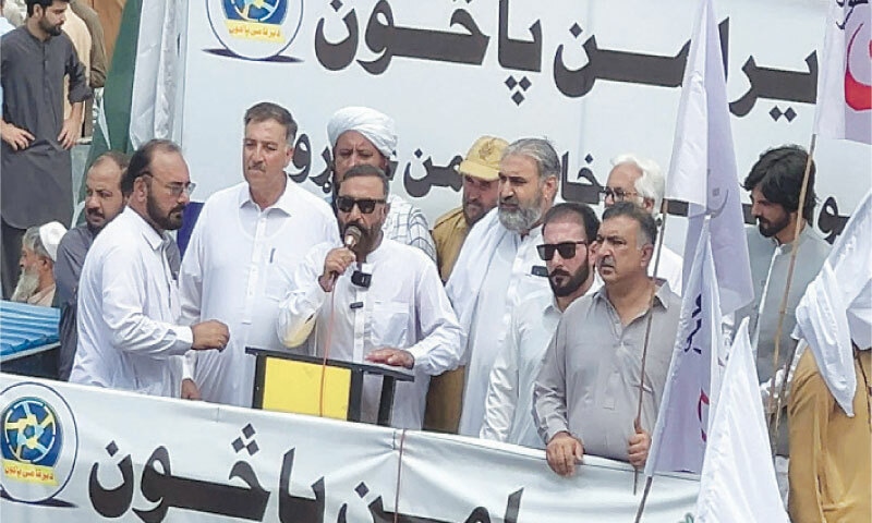 PTI MPA Malik Shafiullah Khan addresses a rally in Timergara on Sunday. — Dawn PTI MPA Malik Shafiullah Khan addresses a rally in Timergara on Sunday. — Dawn