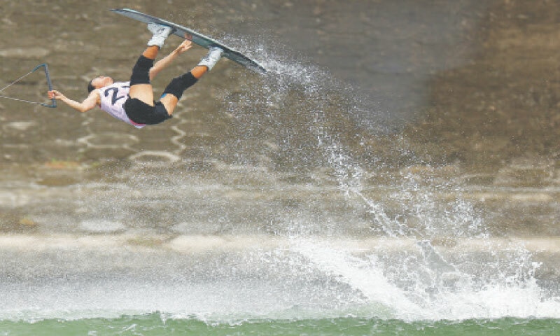 CHENGDU: China&rsquo;s Xu Lu in action during the wakeboard freestyle final of the World Games at Sancha Lake Taohuadao Arena on Sunday.&mdash;Reuters